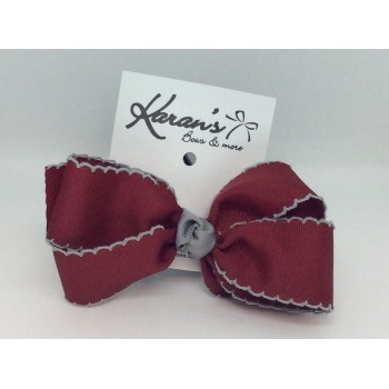 Red (Cranberry) / Gray Pico Stitch Bow - 4 Inch